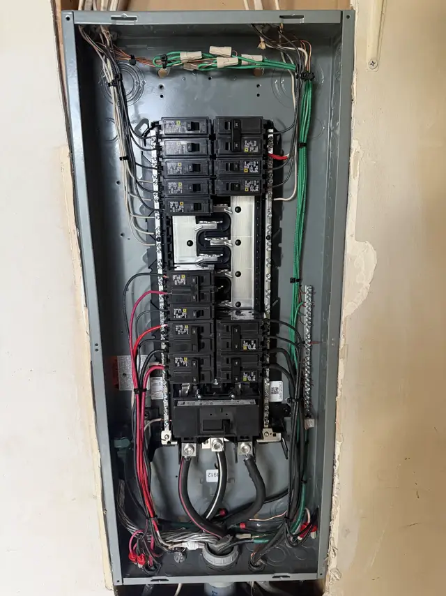 New residential electrical panel, opened and fully wired